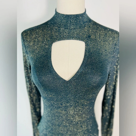 Chaser Glitter Jersey Bodysuit Evergreen Long Sleeved Keyhole Open Back Size M - Picture 3 of 11